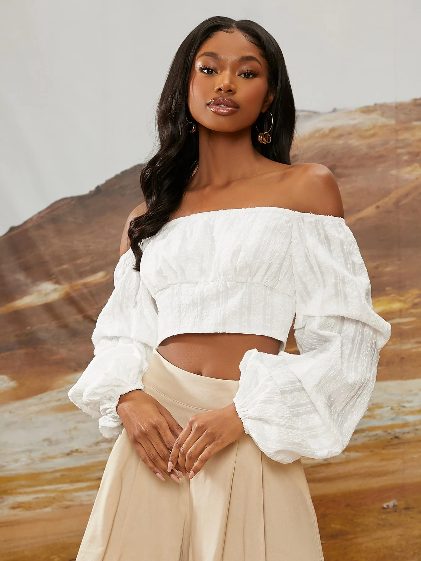 SHEIN NEWNESS Bishop Sleeve Off Shoulder Blouse