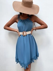 Đầm Tương phản ren Thắt nút màu trơn Boho - Màu xanh bụi bặm - Xem 2