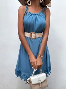 Đầm Tương phản ren Thắt nút màu trơn Boho - Màu xanh bụi bặm - Xem 6