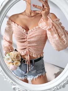 格紋木耳褶皺邊抽繩打褶襯衫 - 淺粉色 - 查看 1