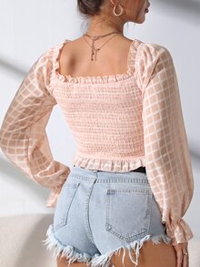 格紋木耳褶皺邊抽繩打褶襯衫 - 淺粉色 - 查看 2