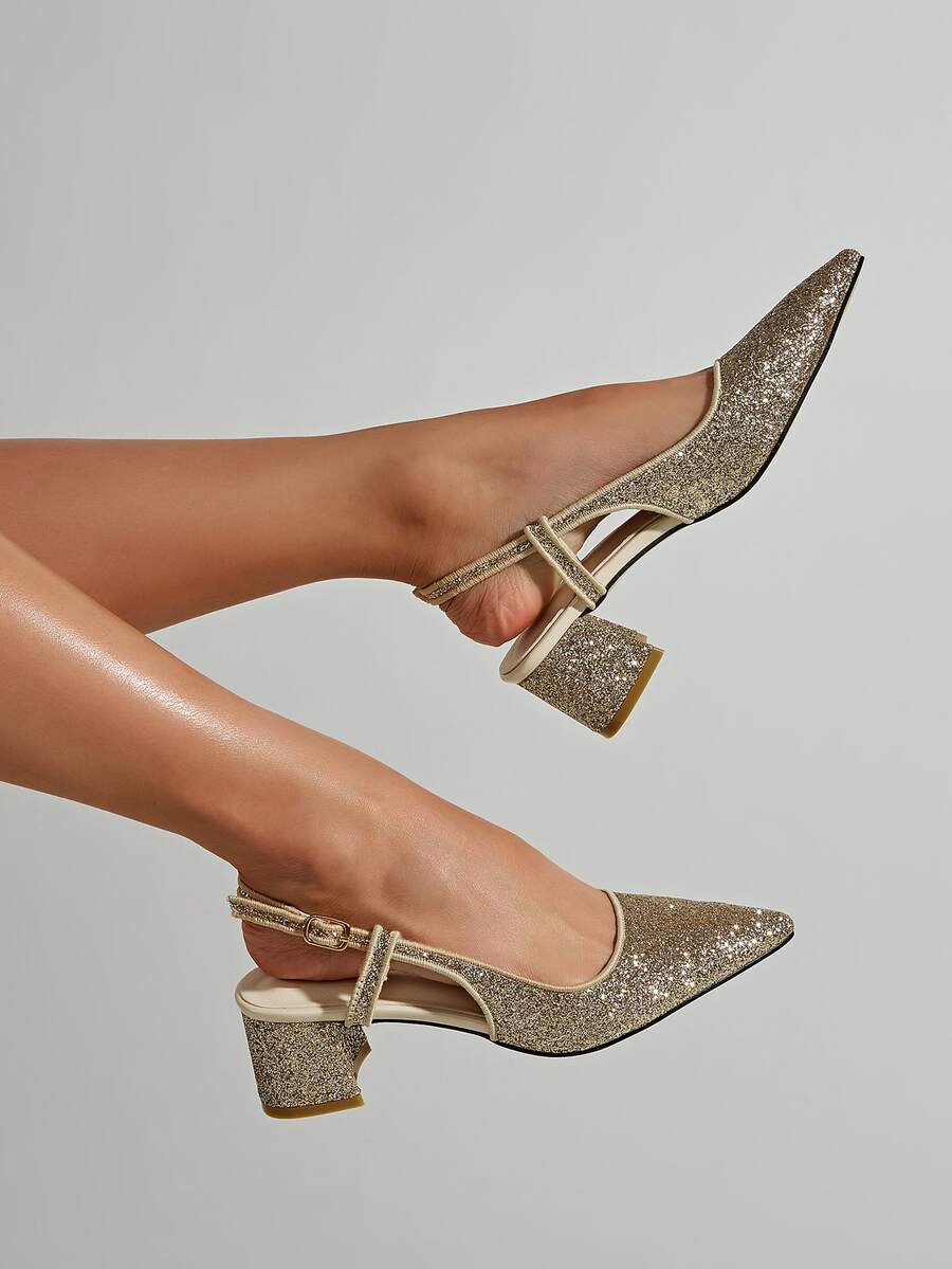 金屬亮絲尖頭露跟高跟鞋 - 金色 - 查看 1