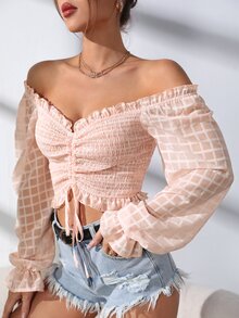 格紋木耳褶皺邊抽繩打褶襯衫 - 淺粉色 - 查看 3