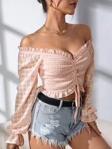 格紋木耳褶皺邊抽繩打褶襯衫 - 淺粉色 - 查看 4