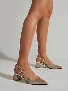 金屬亮絲尖頭露跟高跟鞋 - 金色 - 查看 3