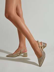 金屬亮絲尖頭露跟高跟鞋 - 金色 - 查看 5