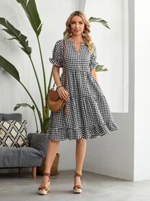 EMERY ROSE Gingham Notch Neck Puff Sleeve Ruffle Hem Dress,Tea Party Dress,Summer Dresses For Women - Black and White - View 1