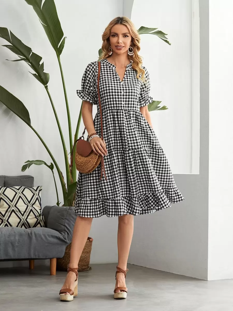 EMERY ROSE Gingham Notch Neck Puff Sleeve Ruffle Hem Dress,Tea Party Dress,Summer Dresses For Women - Black and White - View 1