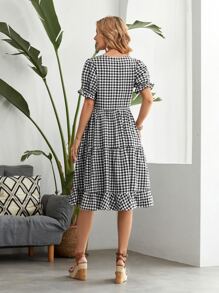 EMERY ROSE Gingham Notch Neck Puff Sleeve Ruffle Hem Dress,Tea Party Dress,Summer Dresses For Women - Black and White - View 2