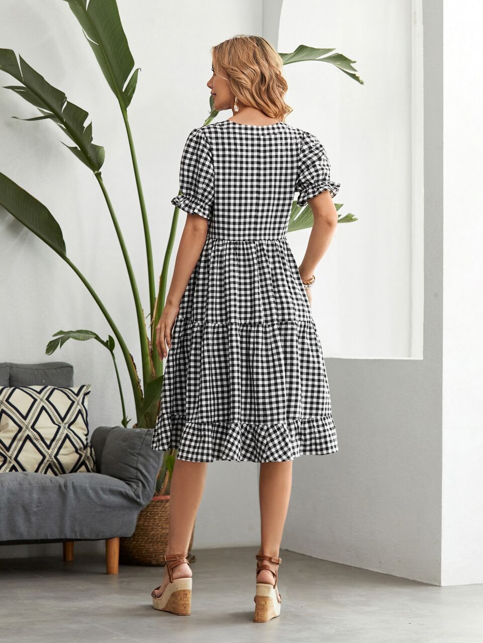 Gingham Notch Neck Puff Sleeve Ruffle Hem Dress,Tea Party Dress,Summer Dresses For Women