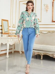 Mulvari Áo sơ mi nữ Xù Hoa Giải trí - Màu xanh Bạc hà - Xem 3