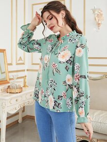 Mulvari Áo sơ mi nữ Xù Hoa Giải trí - Màu xanh Bạc hà - Xem 5