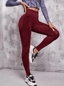 無縫寬版腰帶運動打底褲 - 酒紅色 - 查看 2