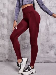 無縫寬版腰帶運動打底褲 - 酒紅色 - 查看 4