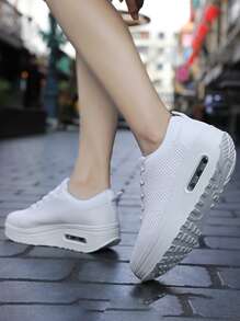 Knit Detail Lace-up Front Rocking Shoes - White - View 2