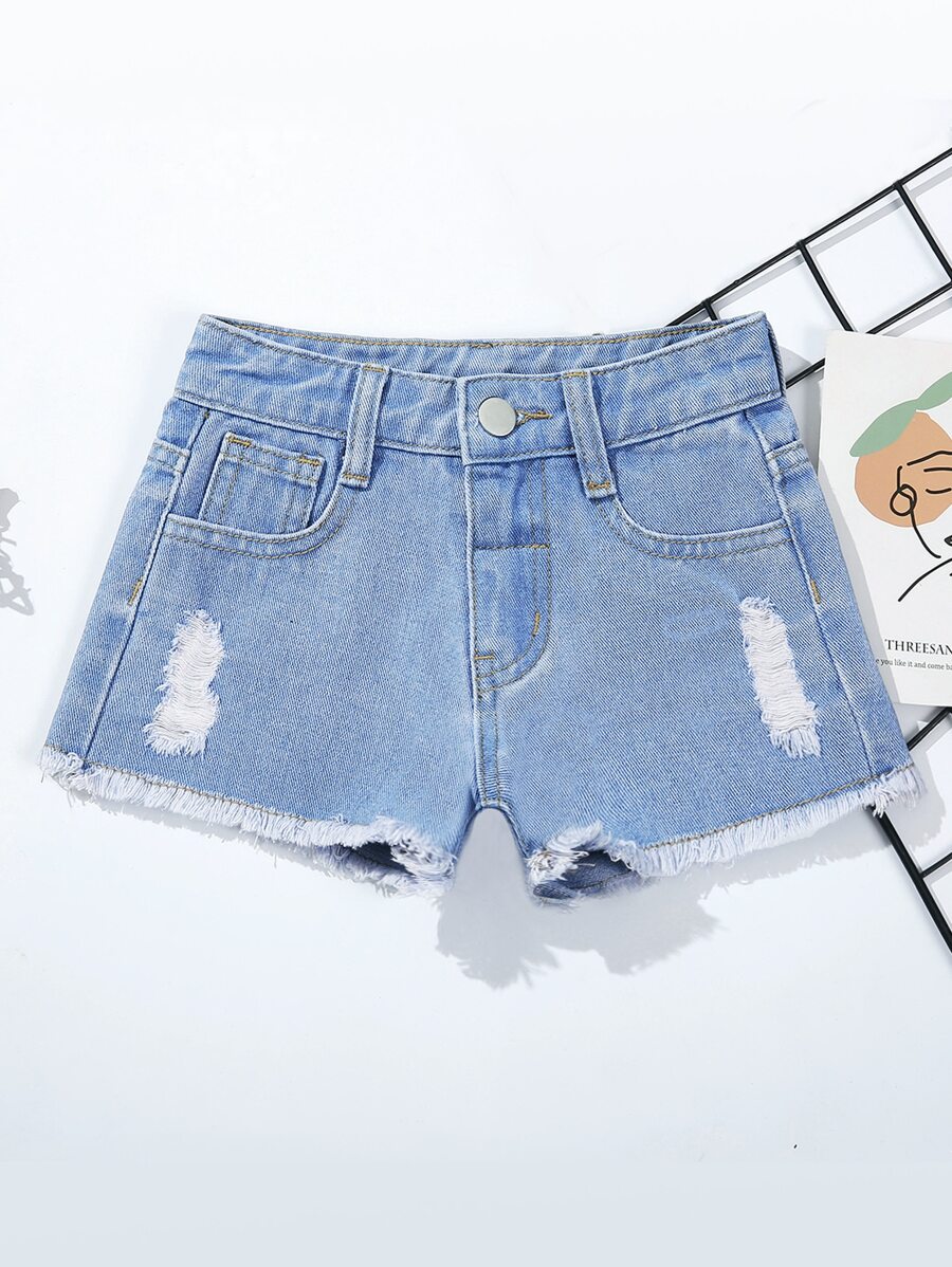 Toddler Girls Quần Shorts Denim Túi Hem thô Bị tách Dây kéo màu trơn - Rửa nhẹ - Xem 1
