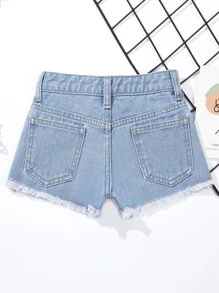 Toddler Girls Quần Shorts Denim Túi Hem thô Bị tách Dây kéo màu trơn - Rửa nhẹ - Xem 2