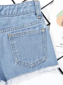 Toddler Girls Quần Shorts Denim Túi Hem thô Bị tách Dây kéo màu trơn - Rửa nhẹ - Xem 4