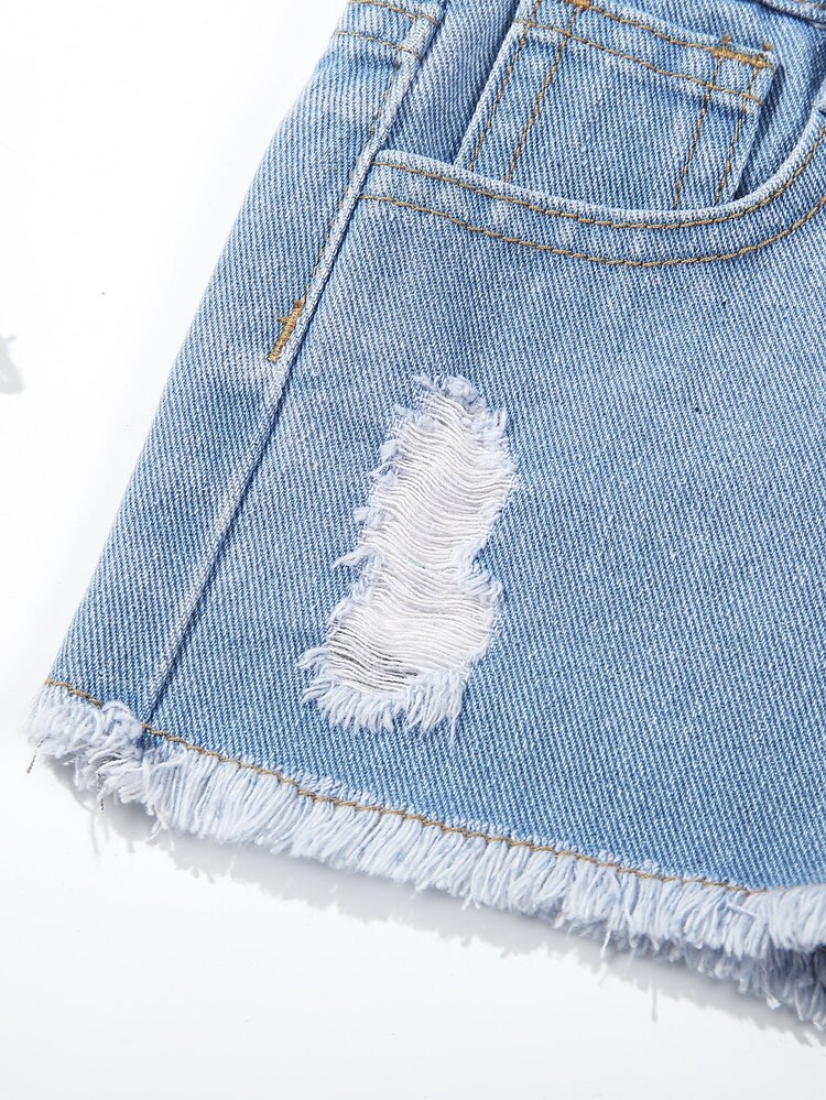 Toddler Girls Quần Shorts Denim Túi Hem thô Bị tách Dây kéo màu trơn - Rửa nhẹ - Xem 5