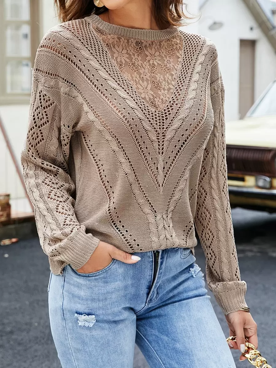 SHEIN LUNE Lace Panel Drop Shoulder Jumper - Mocha Brown - View 1