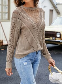 SHEIN LUNE Lace Panel Drop Shoulder Jumper - Mocha Brown - View 3