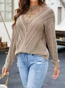 SHEIN LUNE Lace Panel Drop Shoulder Jumper - Mocha Brown - View 6