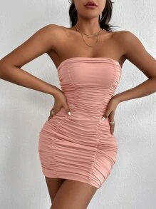 SHEIN SXY Solid Ruched Tube Dress - Dusty Pink - View 1