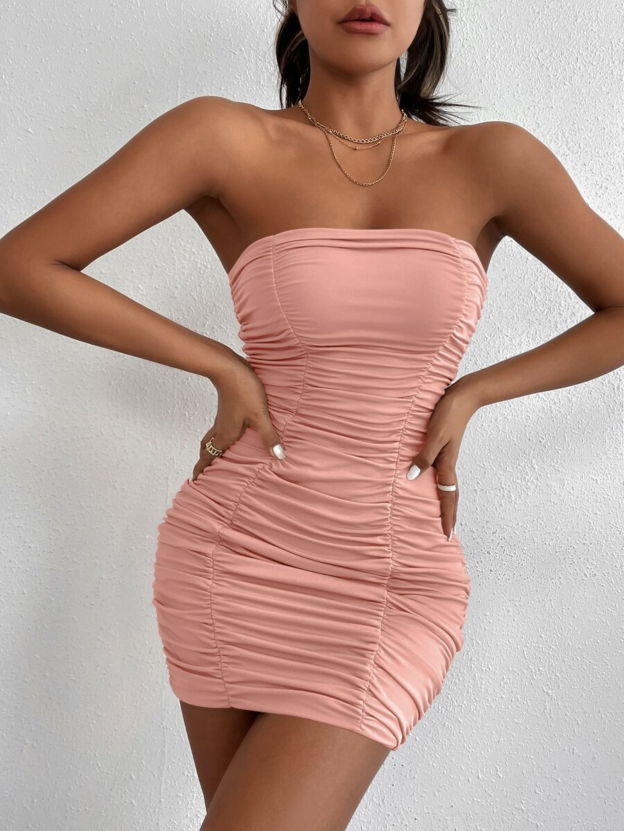 SHEIN SXY Solid Ruched Tube Dress - Dusty Pink - View 1