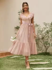 Simplee 圓點多層邊腰帶網紗連衣裙