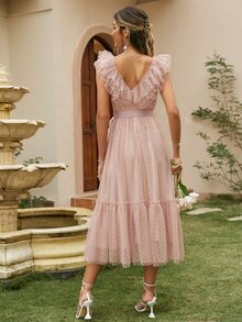 Simplee 圓點多層邊腰帶網紗連衣裙