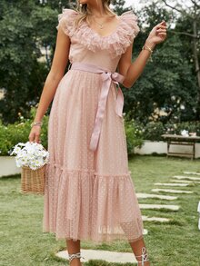 Simplee 圓點多層邊腰帶網紗連衣裙