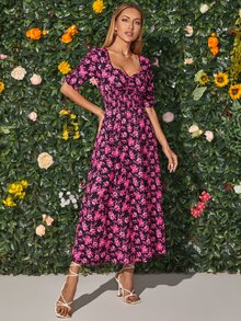 Allover Floral Print Split Thigh Dress - Multicolor - View 3