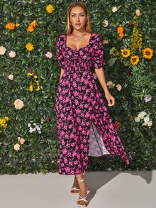 Allover Floral Print Split Thigh Dress - Multicolor - View 5