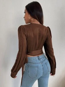 SHEIN Privé 重疊領帶側邊束腰上衣袖上衣 - 巧克力棕 - 查看 3
