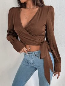 SHEIN Privé 重疊領帶側邊束腰上衣袖上衣 - 巧克力棕 - 查看 4