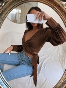 SHEIN Privé 重疊領帶側邊束腰上衣袖上衣 - 巧克力棕 - 查看 5
