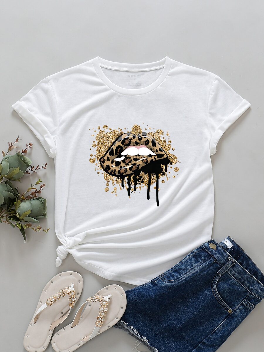 豹紋和嘴巴印花T恤 - 白色 - 查看 1