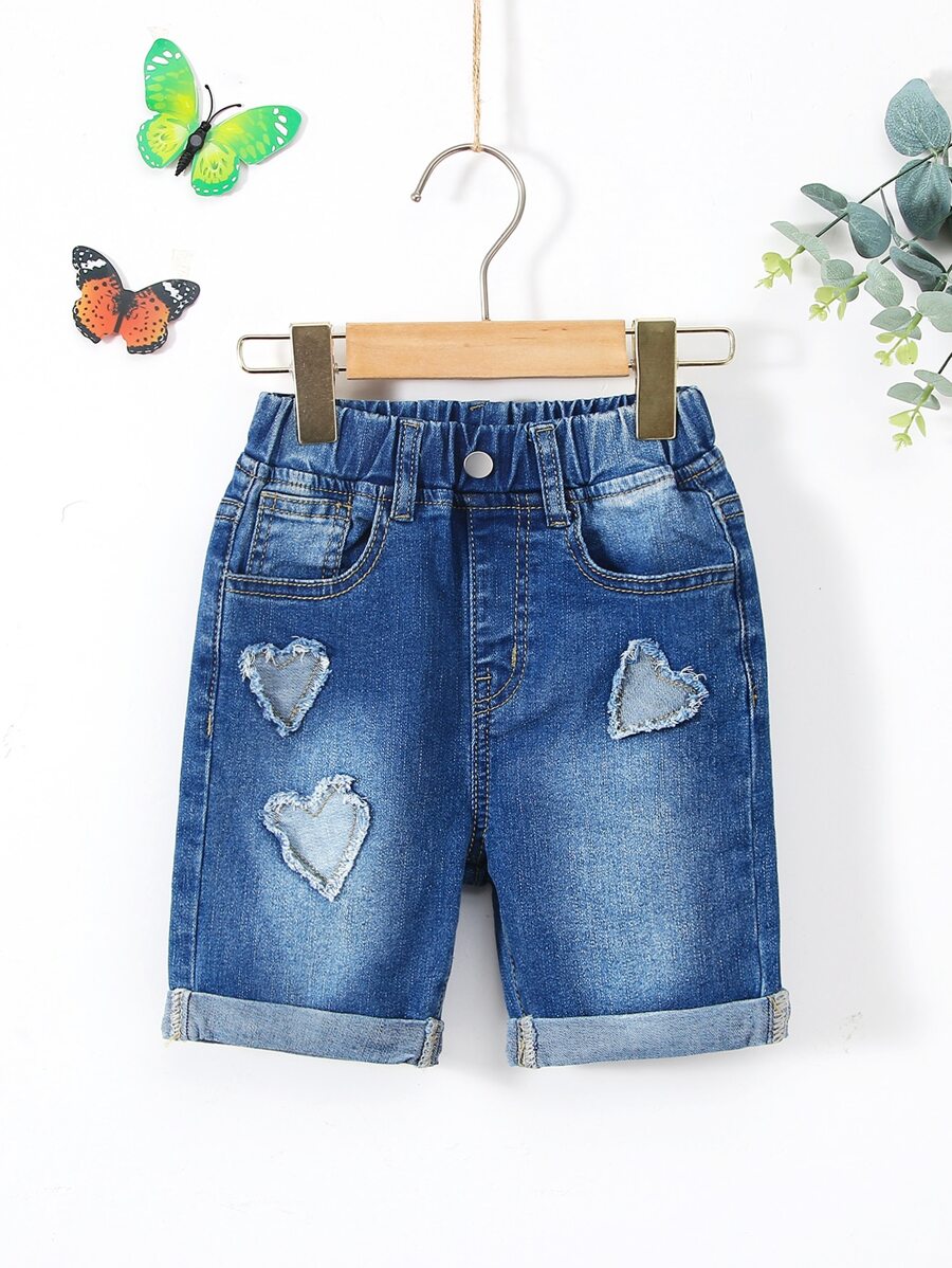 Toddler Girls Heart Pattern Raw Trim Bleach Wash Denim Shorts