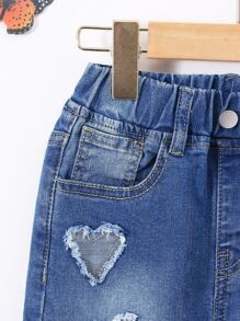 Toddler Girls Heart Pattern Raw Trim Bleach Wash Denim Shorts