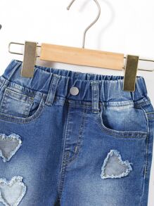Toddler Girls Heart Pattern Raw Trim Bleach Wash Denim Shorts