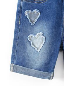 Toddler Girls Heart Pattern Raw Trim Bleach Wash Denim Shorts