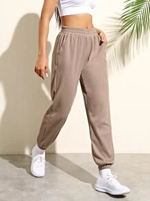 Waffle Knit Elastic Waist Sports Trousers - Khaki - View 1
