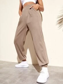 Waffle Knit Elastic Waist Sports Trousers - Khaki - View 4