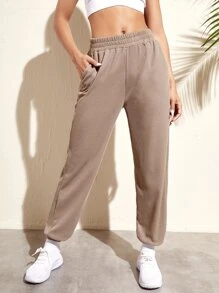 Waffle Knit Elastic Waist Sports Trousers - Khaki - View 5