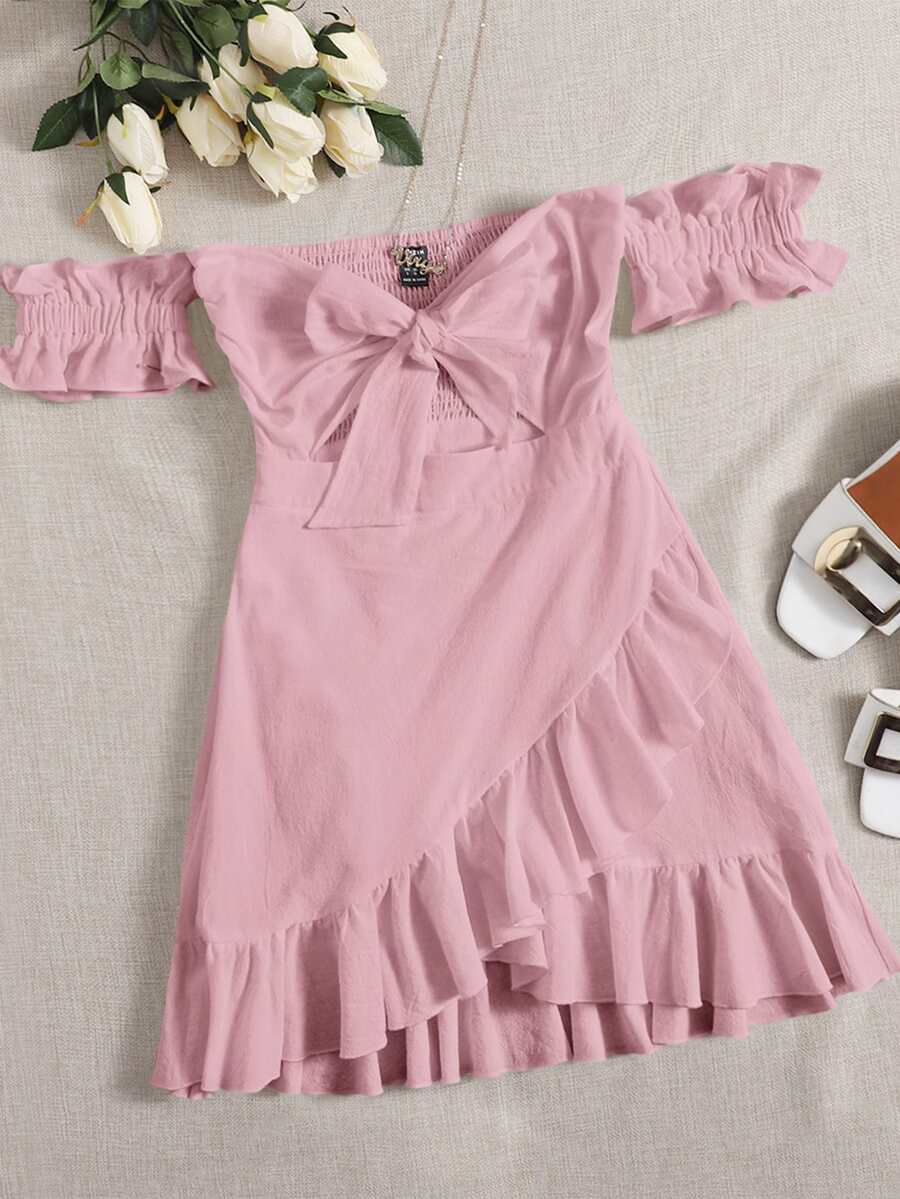 Soleia Vestido bajo cruzado de hombros descubiertos con cordón delantero - Rosa vieja - Ver 1
