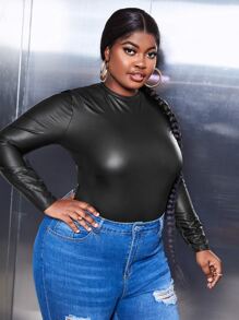 SHEIN SXY 大碼素色亮面上衣 - 黑色 - 查看 1