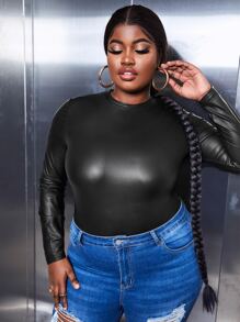 SHEIN SXY 大碼素色亮面上衣 - 黑色 - 查看 4