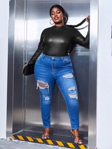 SHEIN SXY 大碼素色亮面上衣 - 黑色 - 查看 5