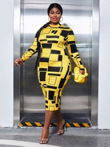 Slaydiva 大碼幾何印花小高領緊身連衣裙 - 彩色 - 查看 1