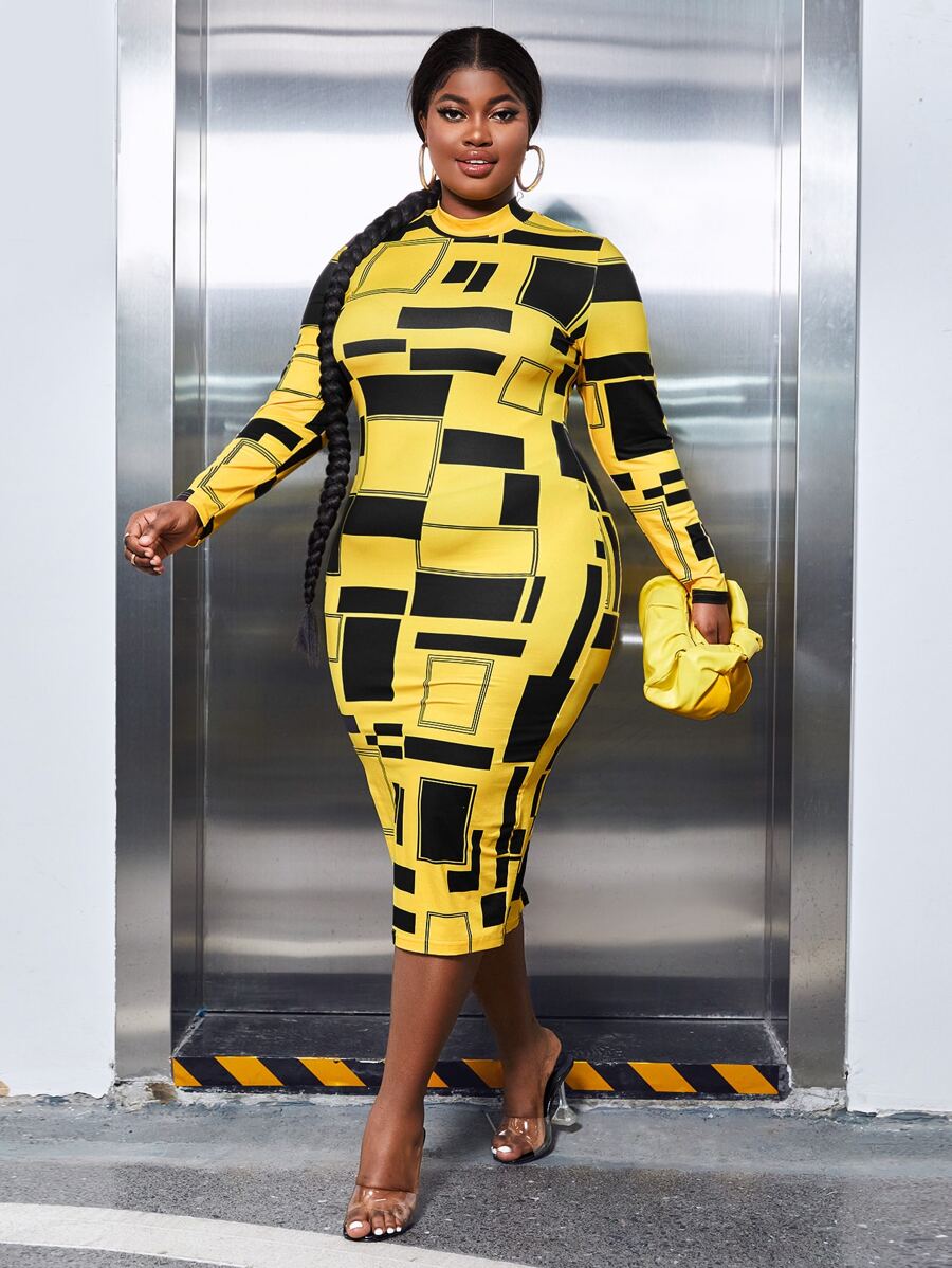 Slaydiva 大碼幾何印花小高領緊身連衣裙 - 彩色 - 查看 1